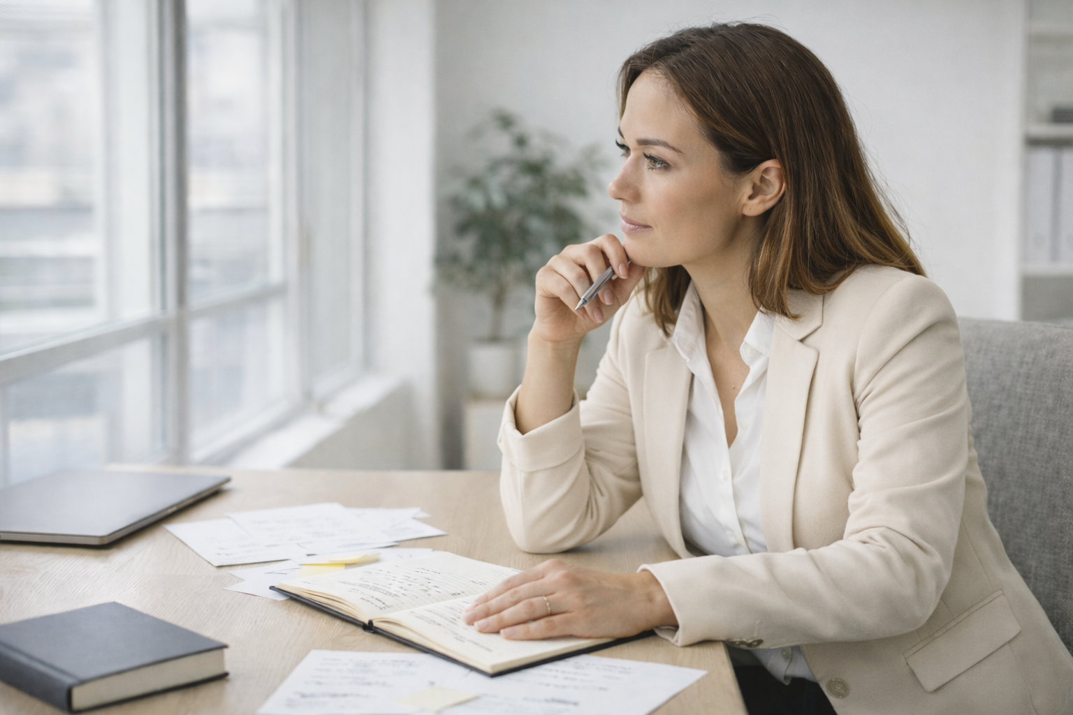 Nachdenkliche Frau im Büro Karriere-Coach Weiterbildung